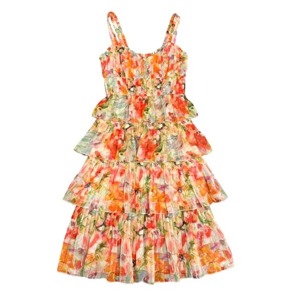 Marchesa Notte Floral Midi Dress in Orange, Size US 2 - Picture 4 of 7